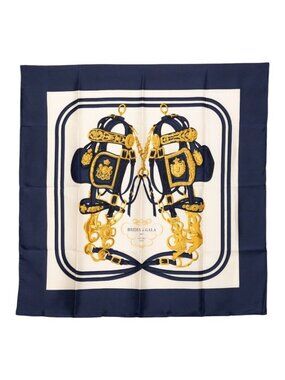 Hermes Carre 90 Brides de Gala Ceremonial Scarf Navy White Silk